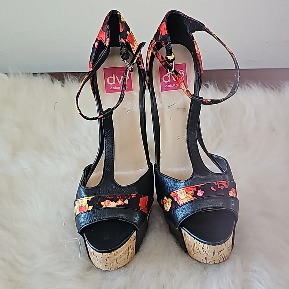 DV8 Dolce Vita floral platform very high heel shoes ankle strap leather cork